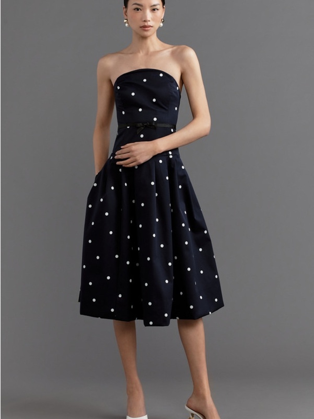 NWT Maeve Navy Strapless Polka Dot Midi Dress XLP